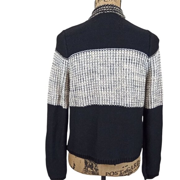 Chico's Parisian Chic Modern Boho Fringe Trim Colorblocked Cardigan Sweater M - Picture 3 of 9